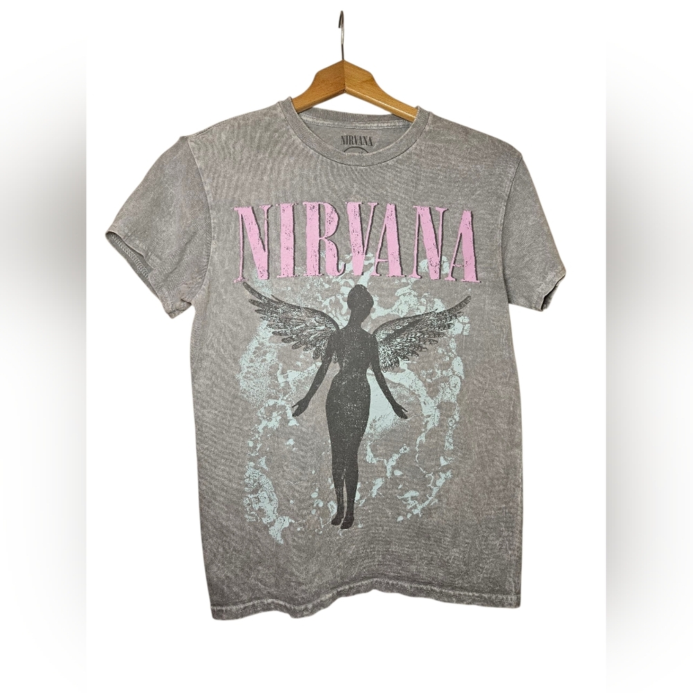 Small Womens NIRVANA Gray Smiley Face T-Shirt - Picture 3 of 5